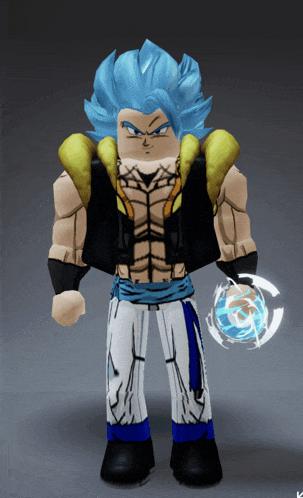 a cartoon character with blue hair holding a blue ball