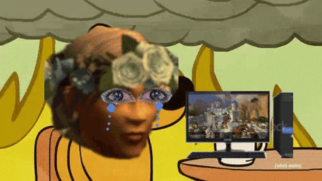a cartoon of a woman with flowers on her head and a computer