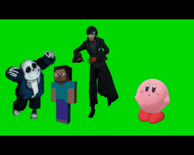 a group of video game characters on a green screen