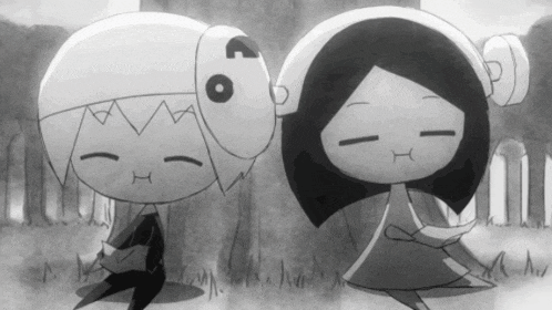 a black and white drawing of a boy and a girl with the letters o and h on their heads