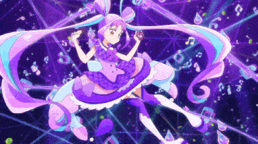 a girl in a purple dress is surrounded by purple and blue music notes