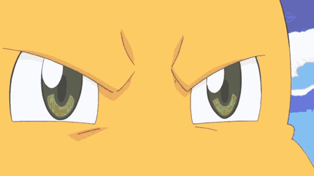 a close up of a cartoon character 's face with a house in the background