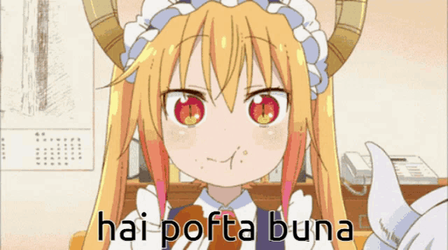 a maid with horns giving a thumbs up and hai pofta buna
