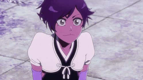 a girl with purple hair is wearing a white shirt