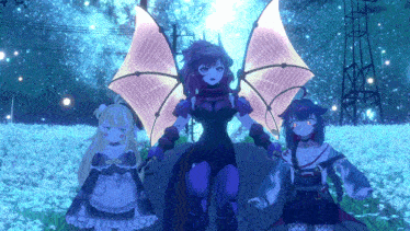 a group of anime characters are standing in a field of blue flowers