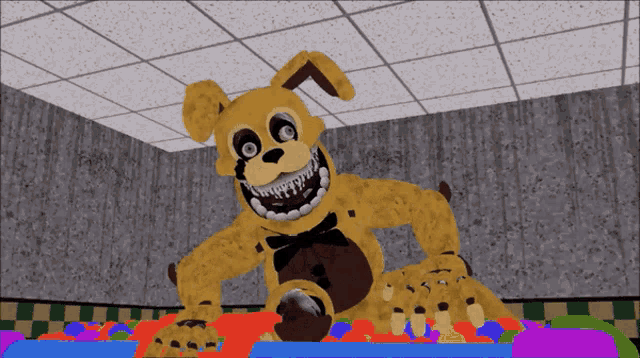 a cartoon of a yellow bunny sitting on a colorful table