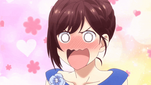 a girl with a surprised look on her face is surrounded by pink hearts and flowers