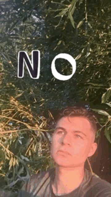 a man is standing in front of a tree with the word no written on his face