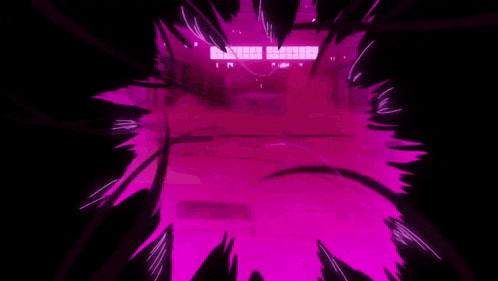 a person is holding a sword in a dark room with a purple light coming out of it .