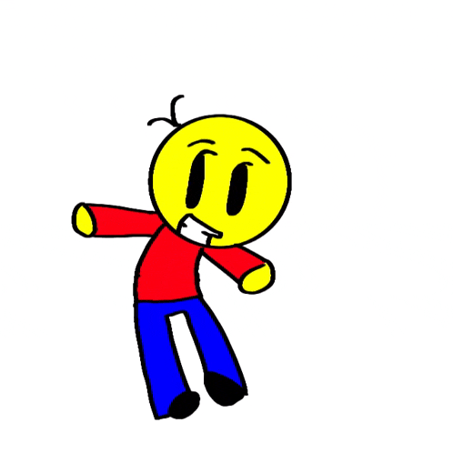 a cartoon character with a yellow face and a red shirt and blue pants .