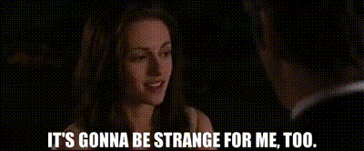 a woman is talking to a man in a dark room and says it 's gonna be strange for me too .