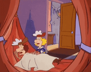 a cartoon of a man laying on a bed talking to another man .