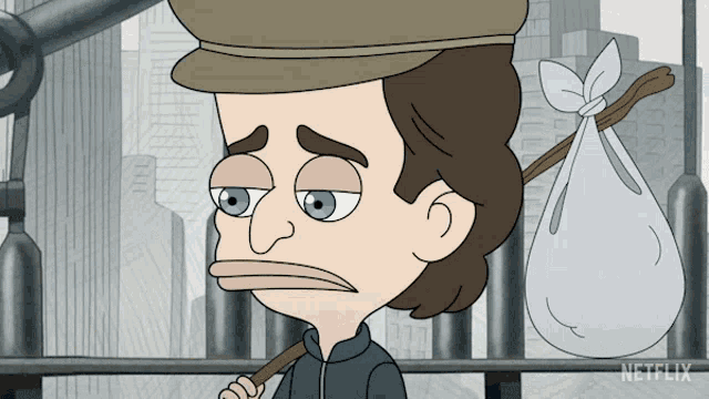 a cartoon of a man carrying a bag with a netflix logo on the bottom