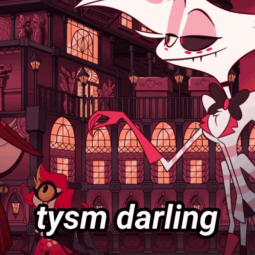 a cartoon character says tysm darling in front of a balcony