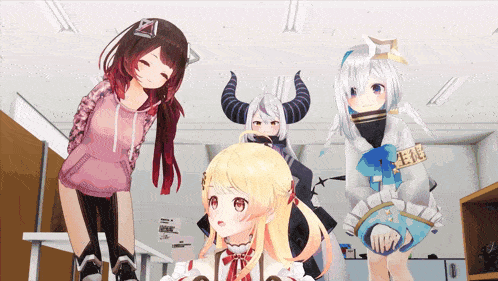 a group of anime girls are standing in a room with a sign that says " 生徒 "
