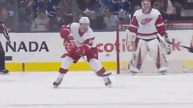 a hockey game is being played in front of a canada advertisement
