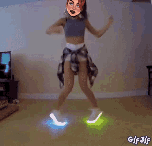 a woman is dancing in a living room with glowing shoes on her feet ..