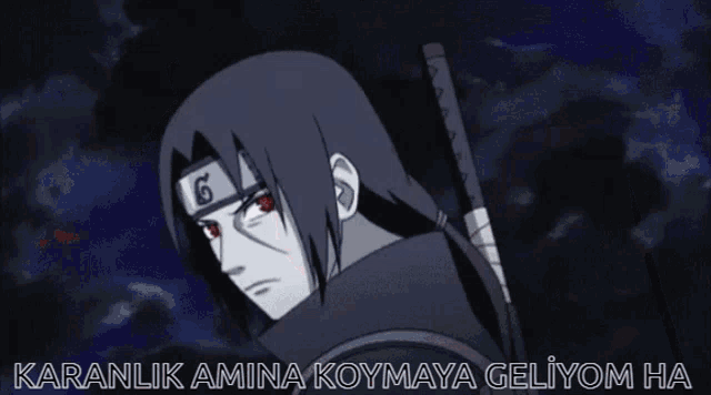 a cartoon of a man with red eyes and the words karanlik amina koymaya geliyom ha below him