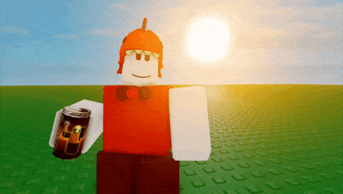 a roblox character is holding a can of dr pepper in his hand