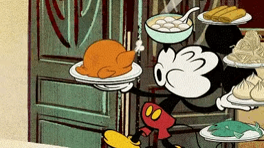 a cartoon of mickey mouse holding plates of food