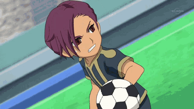 a boy with purple hair is holding a soccer ball in front of a bs japan logo