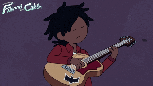 a cartoon of a person playing a guitar with fianna and cake in the background