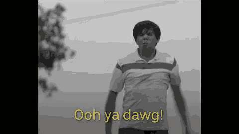 a man in a striped shirt is standing in front of a wall and says `` ooh ya dawg '' .