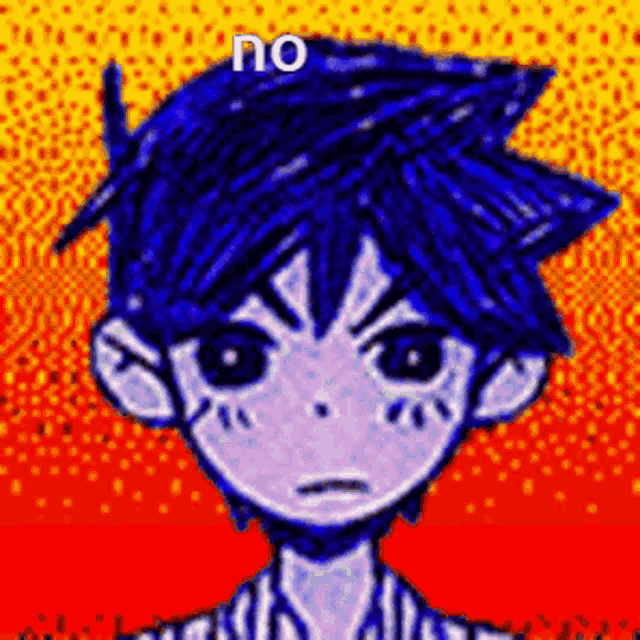 a drawing of a boy with blue hair and a red background .
