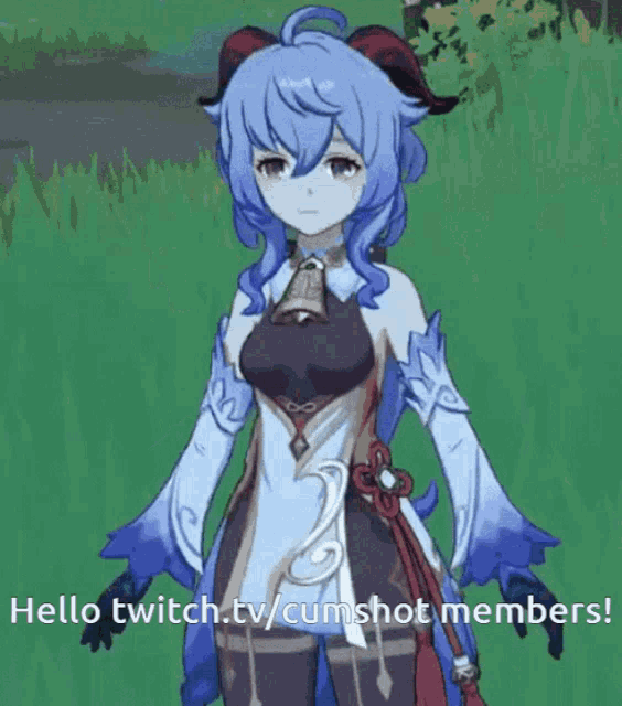 a picture of a anime character with the words hello twitch.tv/cumshot members