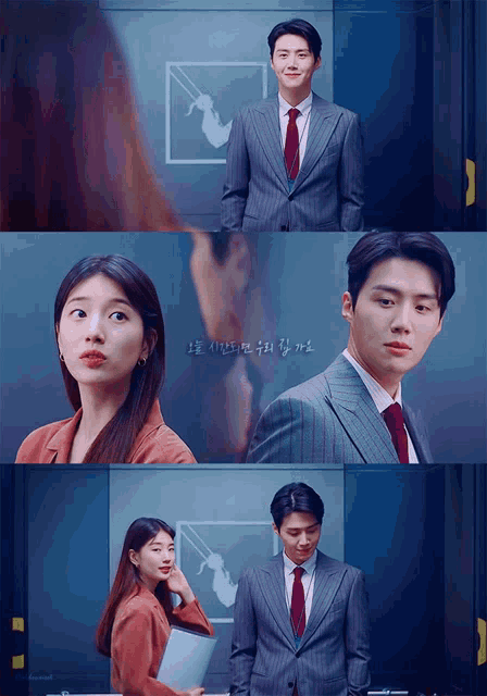 a man in a suit and tie stands next to a woman in a red jacket