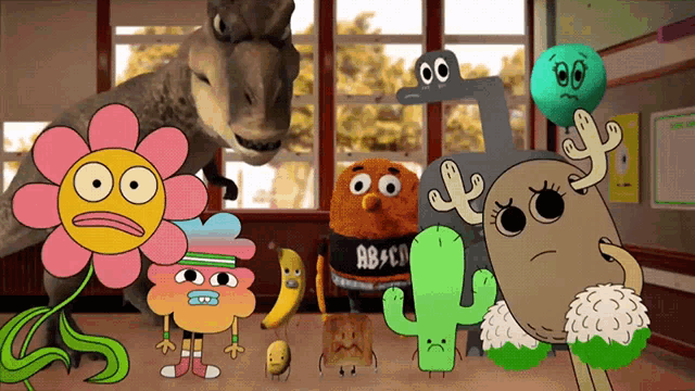 a group of cartoon characters with one wearing a black shirt that says absco