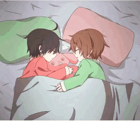 a couple of anime characters are sleeping in bed together