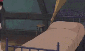 a cartoon of a woman standing next to a bed with the words matii on the bottom