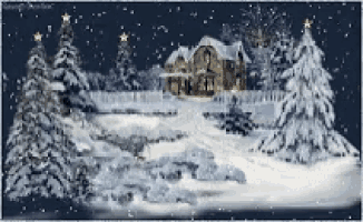 a snowy landscape with a house and trees in the background