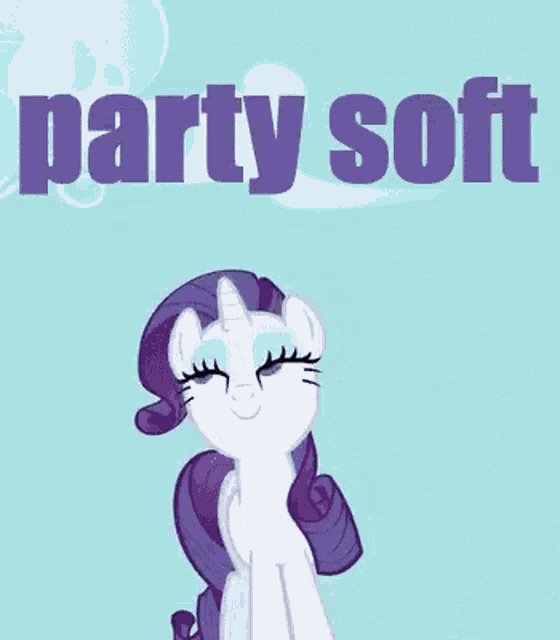a cartoon pony with a purple mane and tail is standing in front of a blue background that says party soft .