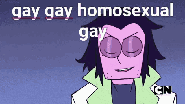 a cartoon character says gay gay homosexual gay in red