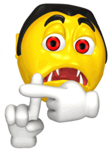 a cartoon smiley face with red eyes and white gloves