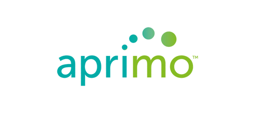 a green and blue logo for aprimo with circles around it