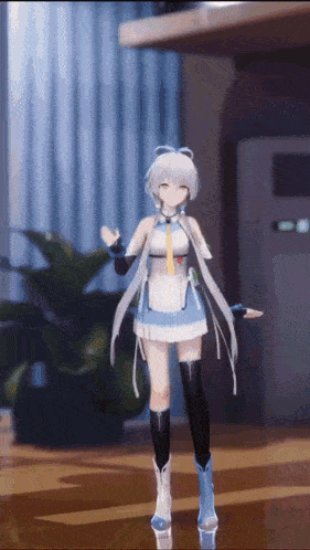 a girl is dancing in a room with a plant in the background .