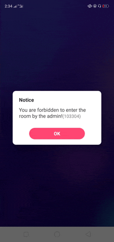 a phone screen displays a notice that says you are forbidden to enter the room by the admin