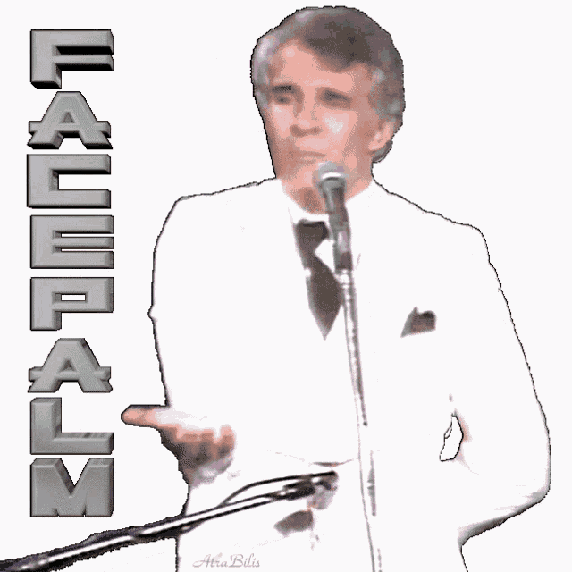 a man covering his face with his hands in front of a microphone with the word failure written on the bottom