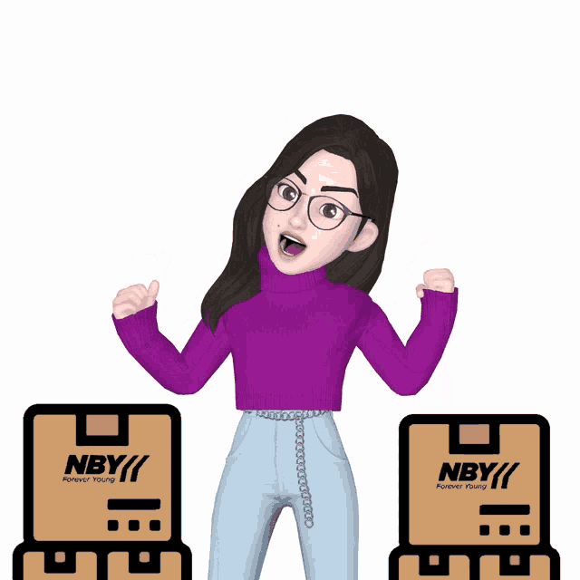 a girl in a purple sweater stands next to two boxes that say nby