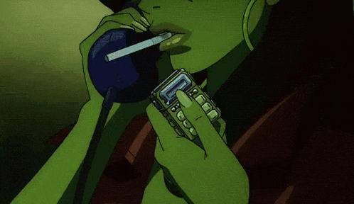 a cartoon drawing of a woman lighting a cigarette with a lighter that has the letter b on it
