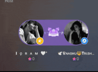 a man and a woman are sitting next to each other in a purple circle with a star in the middle