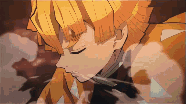 a close up of a yellow haired anime character with his eyes closed