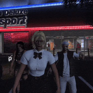 a group of people standing in front of a deluxe sport building