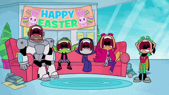 a group of cartoon characters are crying in front of a happy easter sign