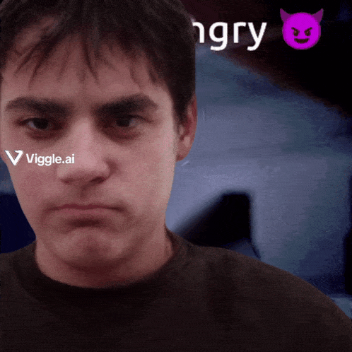 a man 's face is shown with a purple devil and the word angry behind him