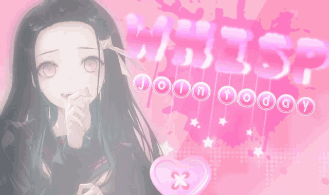 a girl with long black hair is holding a pink heart in front of a pink background that says whisp