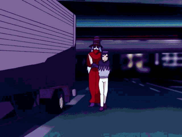 a cartoon drawing of a man and a girl standing next to a truck